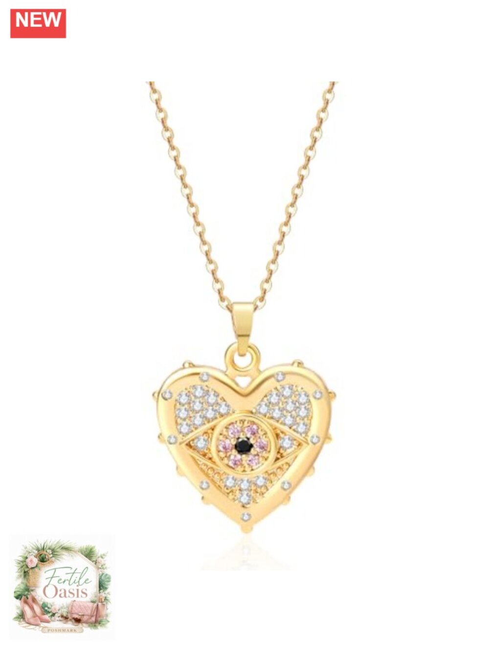 Gold Plated Evil Eye Heart Necklace, Cubic Zirconia Pendant, Hypoallergenic